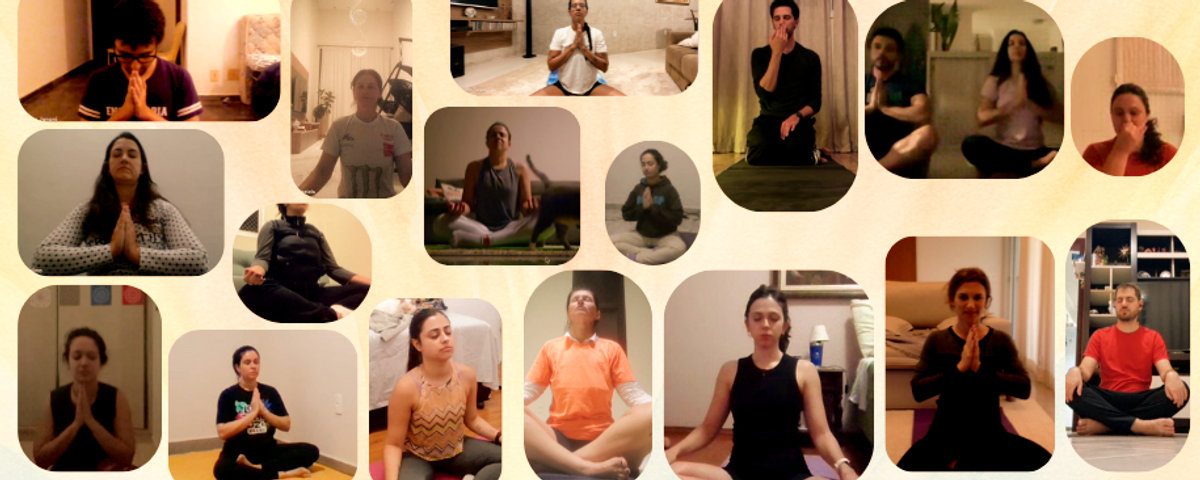 Mosaico de praticantes do Meraki Yoga em aulas on-line